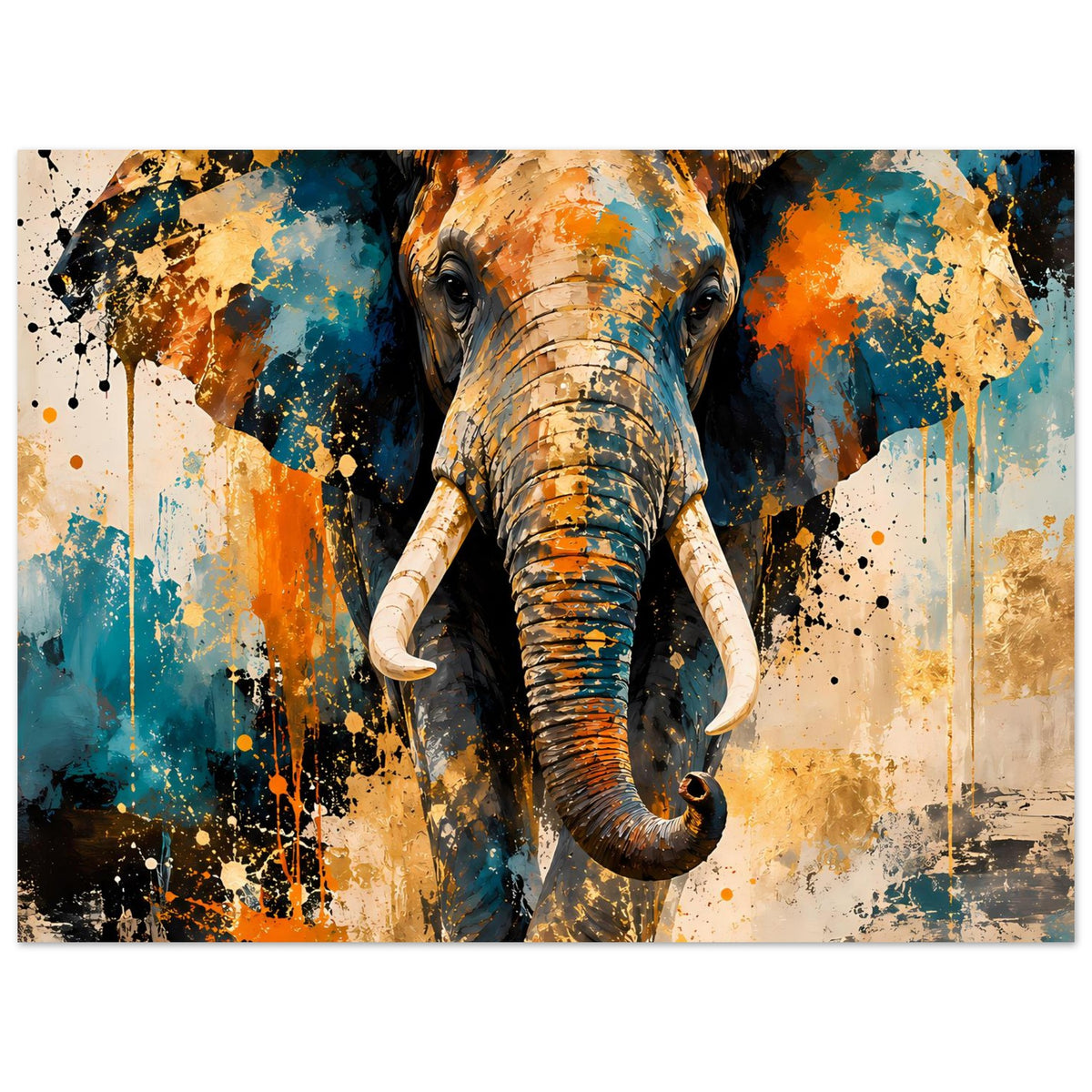 Abstraktes Elefantenposter, horizontal: Elefant großflächig mit Farbspritzern in Blau, Orange und Beige