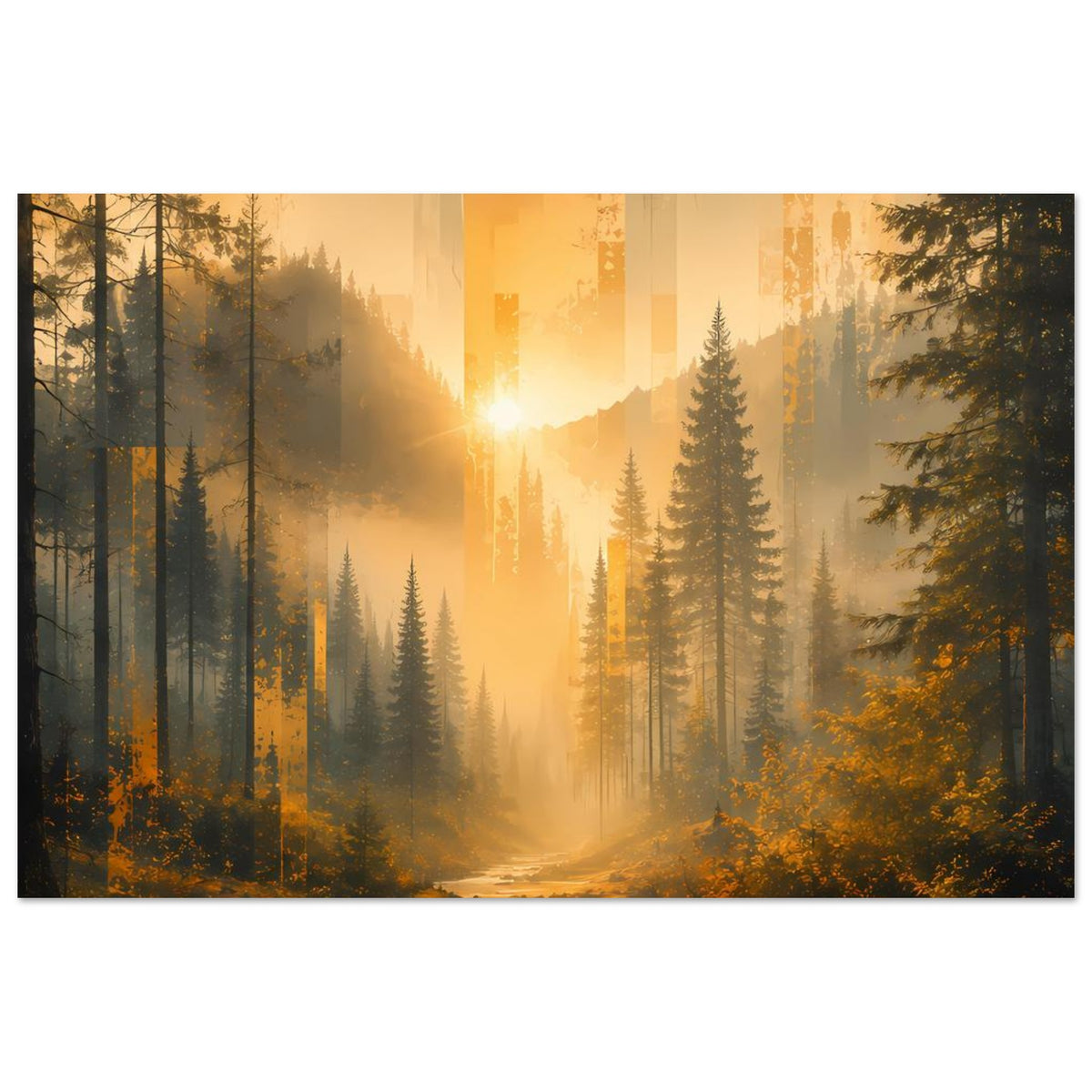 Breites Poster mit Waldstrom und Flusslauf, Nebel und Tannen, Sonne im Hintergrund
