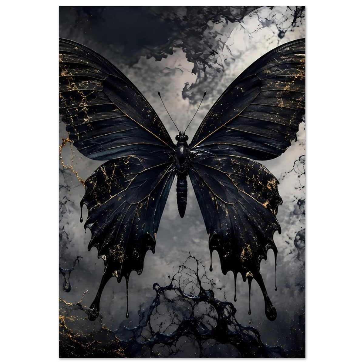 Schwarzes Schmetterlings-Poster mit goldenen Adern, zentrierter Schmetterling