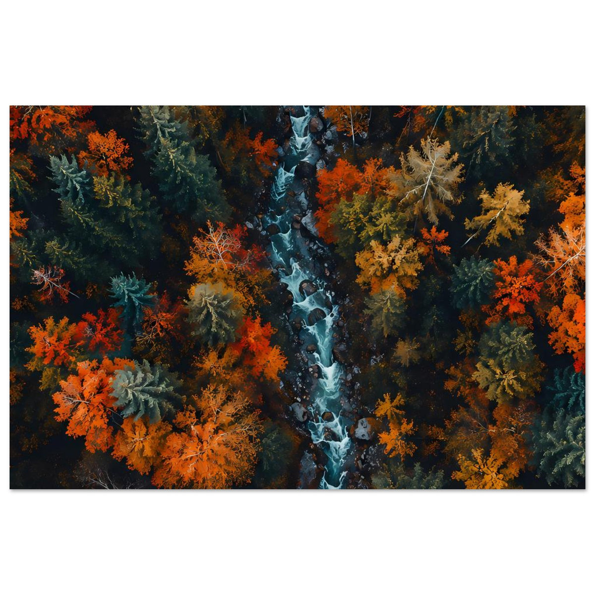 Horizontales gerahmtes Poster mit Herbstwald, blauem Bach und orangefarbenen Bäumen