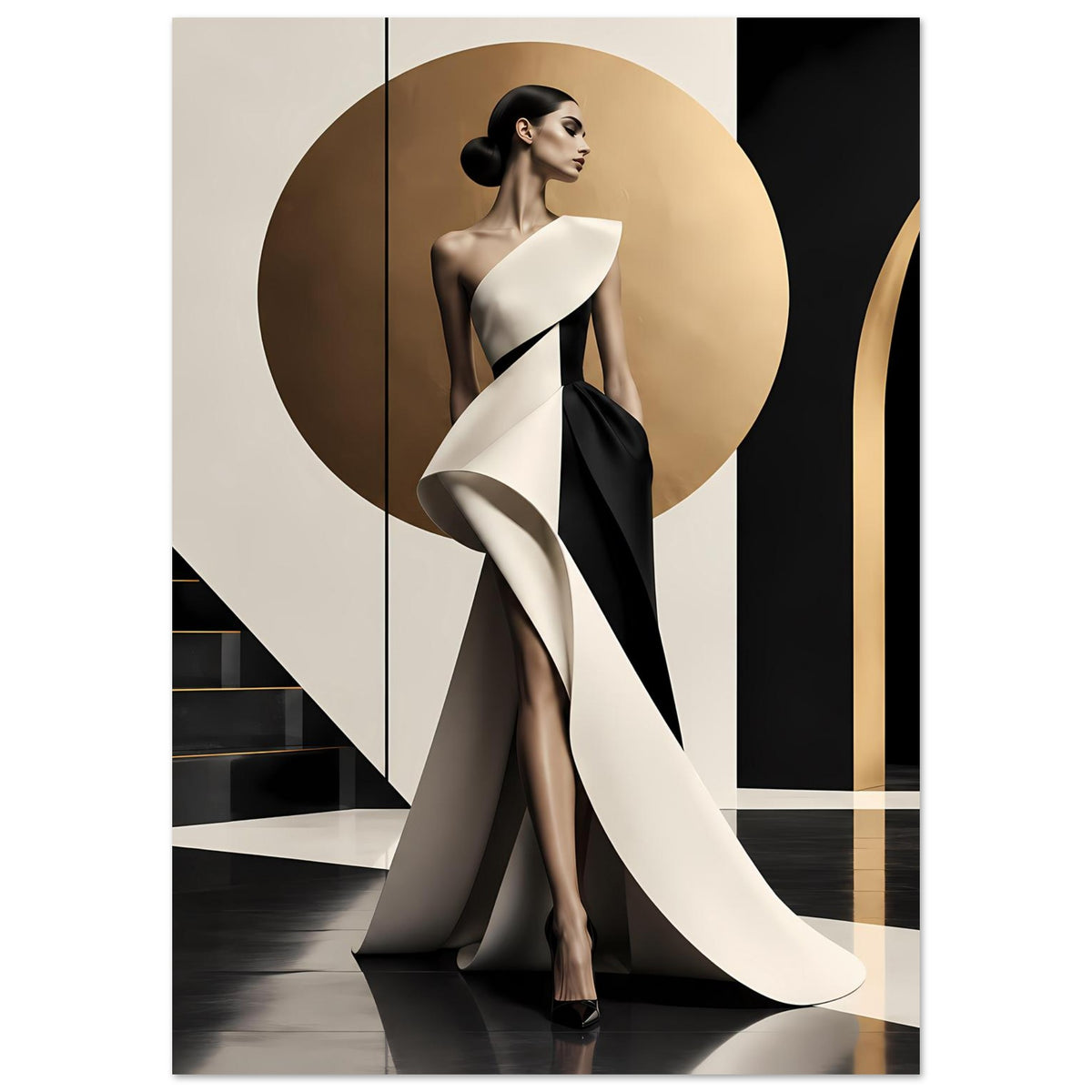 Modeposter mit Frau im schwarz-weißen Abendkleid vor geometrischem Motiv