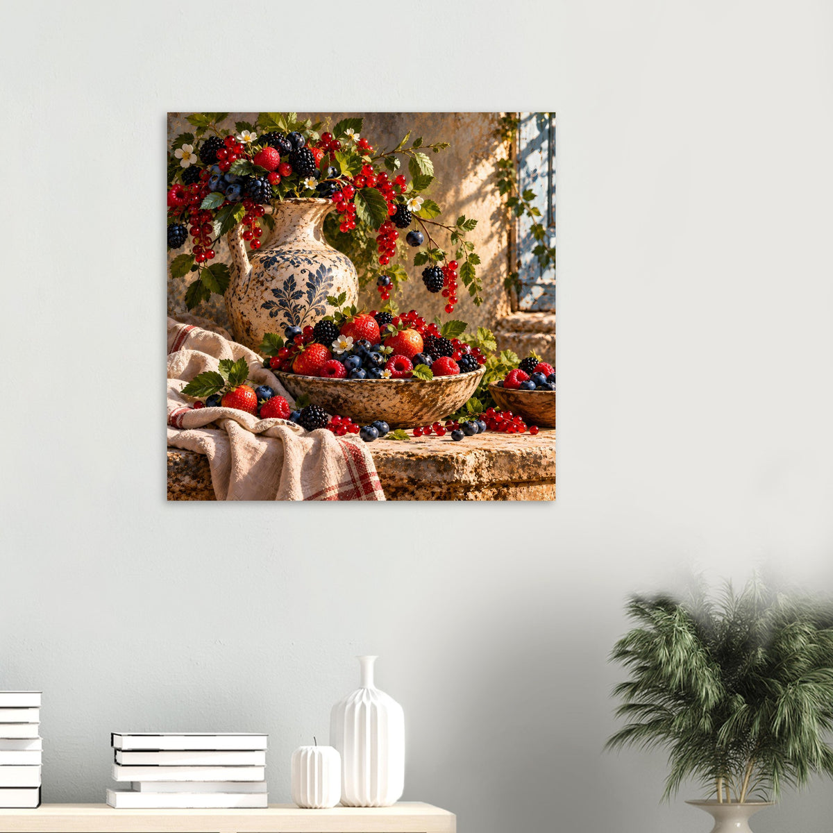 Kleines Beeren-Stillleben-Poster: Keramikvase mit Beerenzweigen und Schüssel voller roter und dunkler Früchte