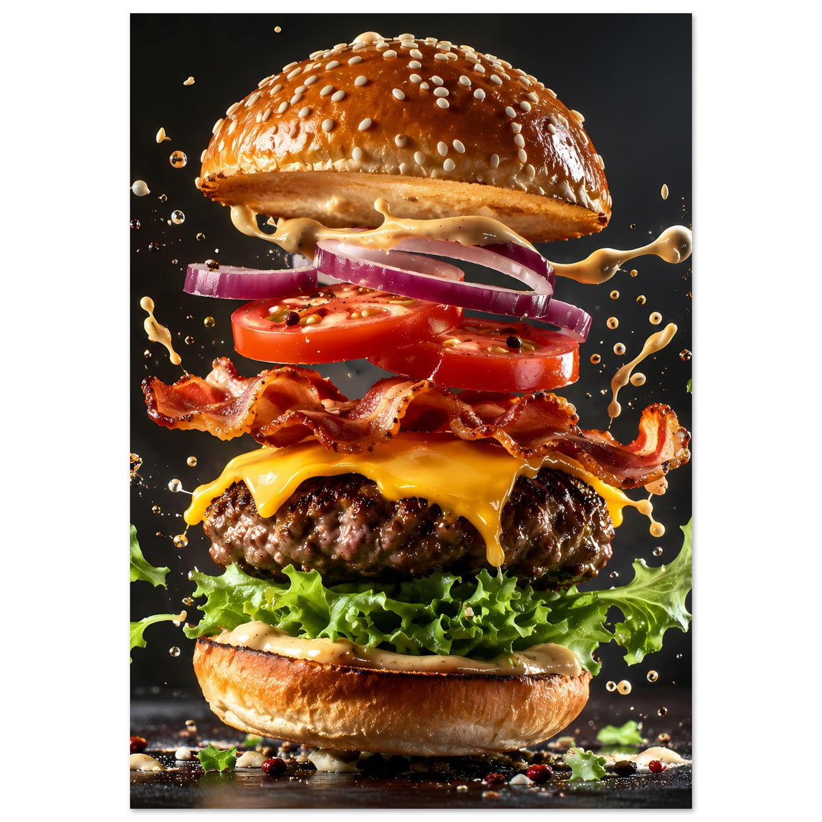 Vertikales Burger-Poster mit Explosionseffekt: Käse, Bacon, Tomate, Zwiebel und Salat