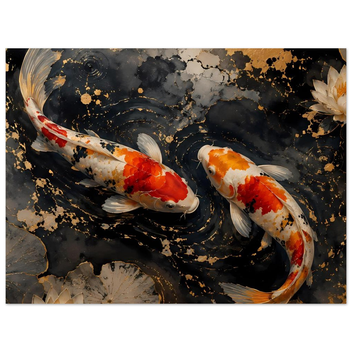 Poster mit zwei Koi-Karpfen, dunkle Wasseroberfläche mit goldenen Spritzern