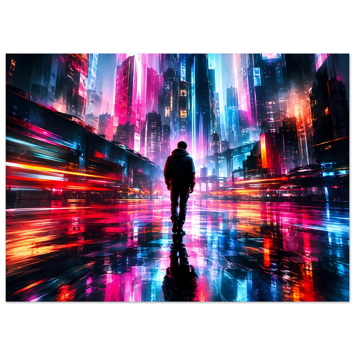 Querformatiges Cyberpunk-Poster: zentraler Rücken zur Stadt, orange und blaue Neonstraßenlichter.