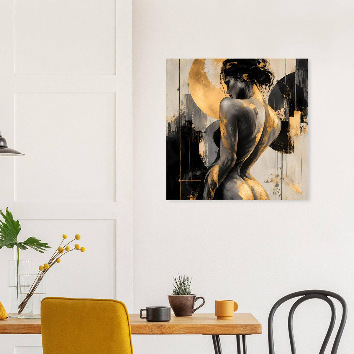 Poster mit abstrakter Aktfigur, Gold- und Schwarztönen, kreisförmiger Akzent