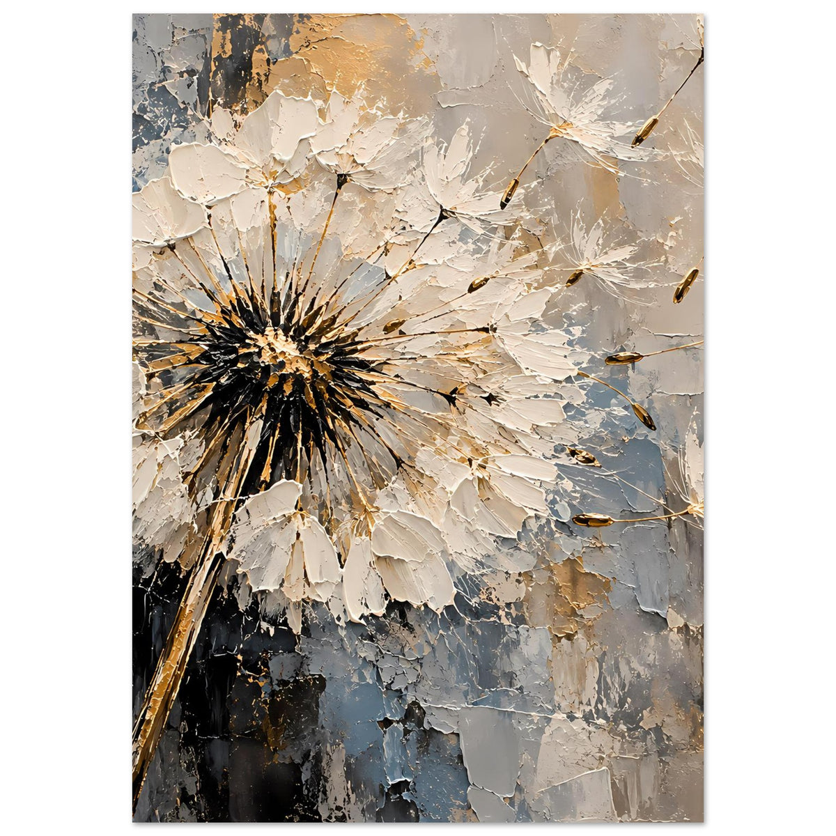 Hochkant-Poster mit Pusteblume im Fokus, gesprenkelte Textur in Creme, Blau und dunklem Grau