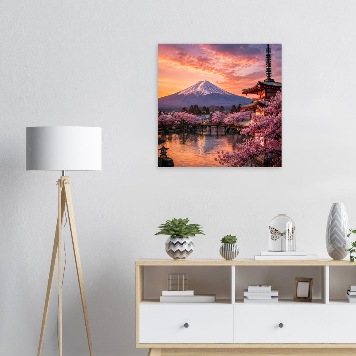 Poster mit Berg Fuji, Kirschblüten und Pagode bei Sonnenuntergang