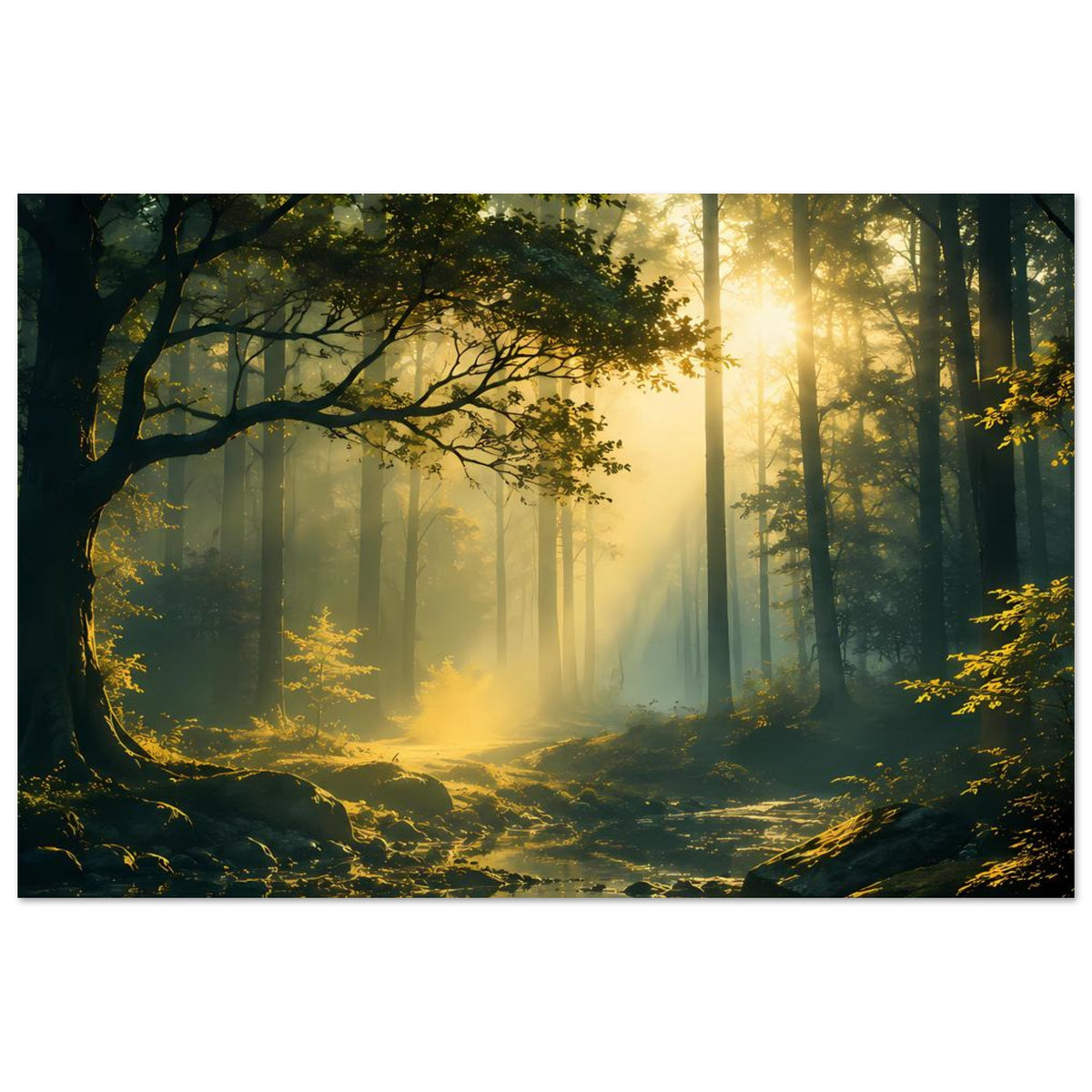 Poster mit tiefer Waldperspektive, goldenen Lichtstrahlen und ruhig spiegelndem Bach