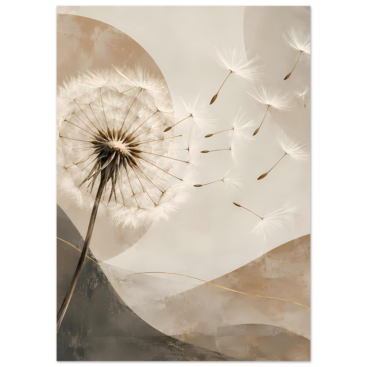 Wandposter mit Löwenzahn und feinen Samenfliegern, beige-graue Abstraktflächen
