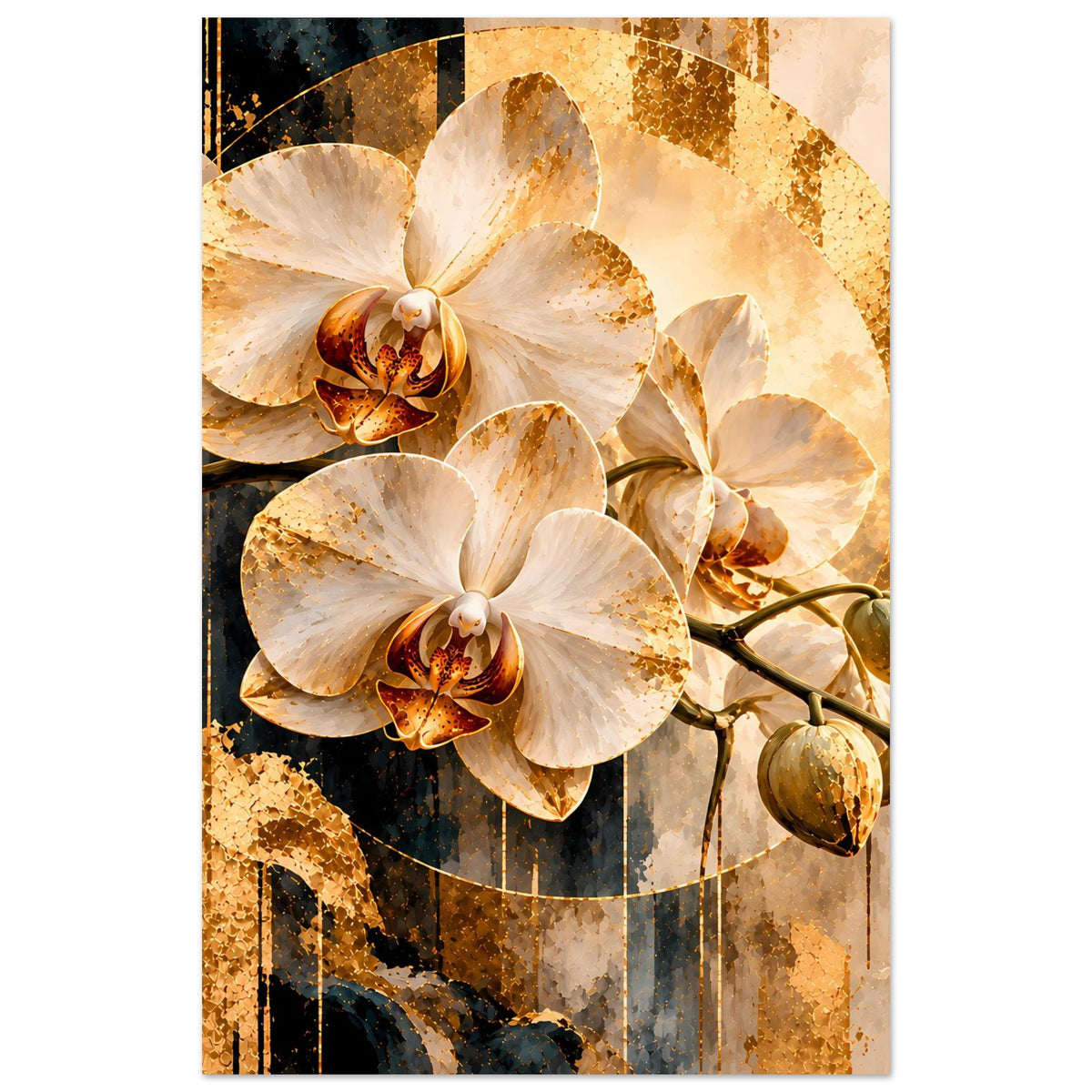 Hochkant-Orchideen-Kunstposter: weiße Blüten, goldfarbene Sprenkel und braune Ranken