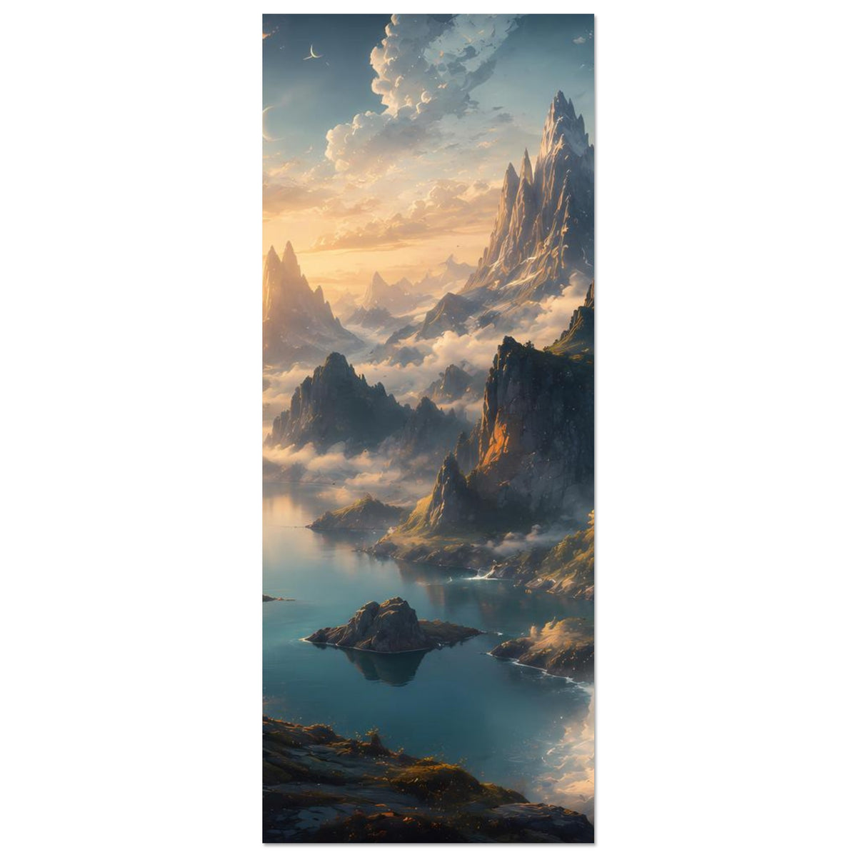 Hochkant-Poster mit Bergspitzen, Wasserfall und See, beleuchtet von warmem Sonnenaufgang.