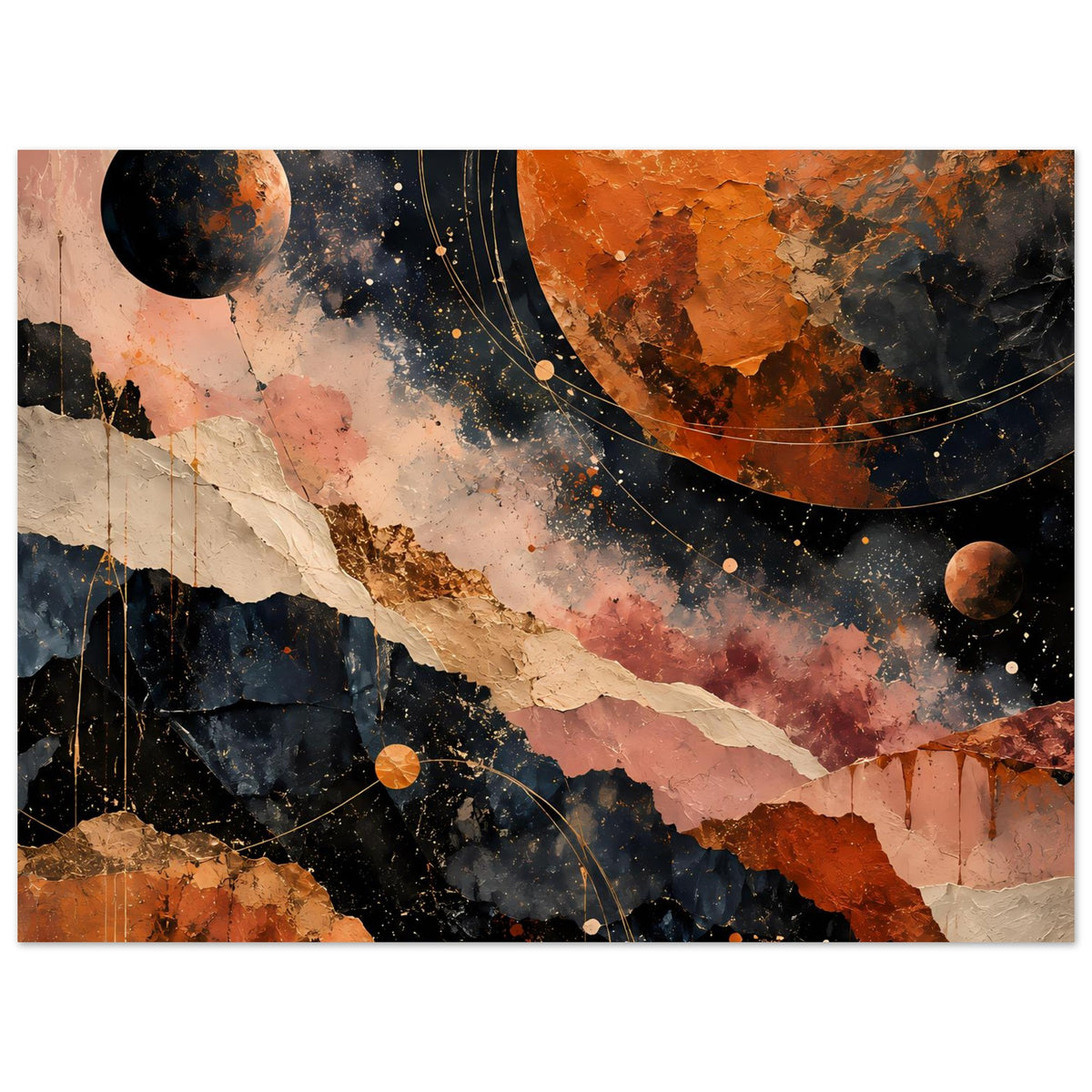 Abstraktes Kosmos-Landschaftsposter, warmes Erdton-Design mit Planeten und goldenen Linien