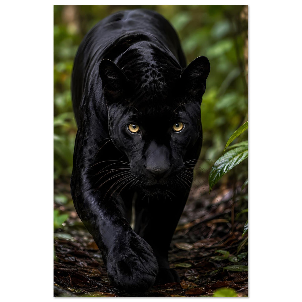 Poster mit schwarzem Panther im Dschungel, goldene Augen, vorgestreckte Pfoten