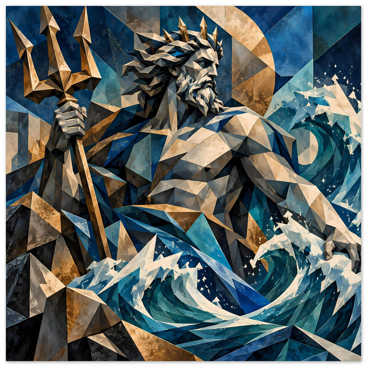 Geometrisches Poseidon-Poster mit Polygonstil: Dreizack, Gesicht und Wirbelwelle in Blau und Gold.