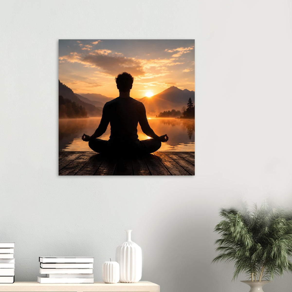 Poster mit Meditations-Silhouette in warmem Sonnenuntergang über See und Bergen