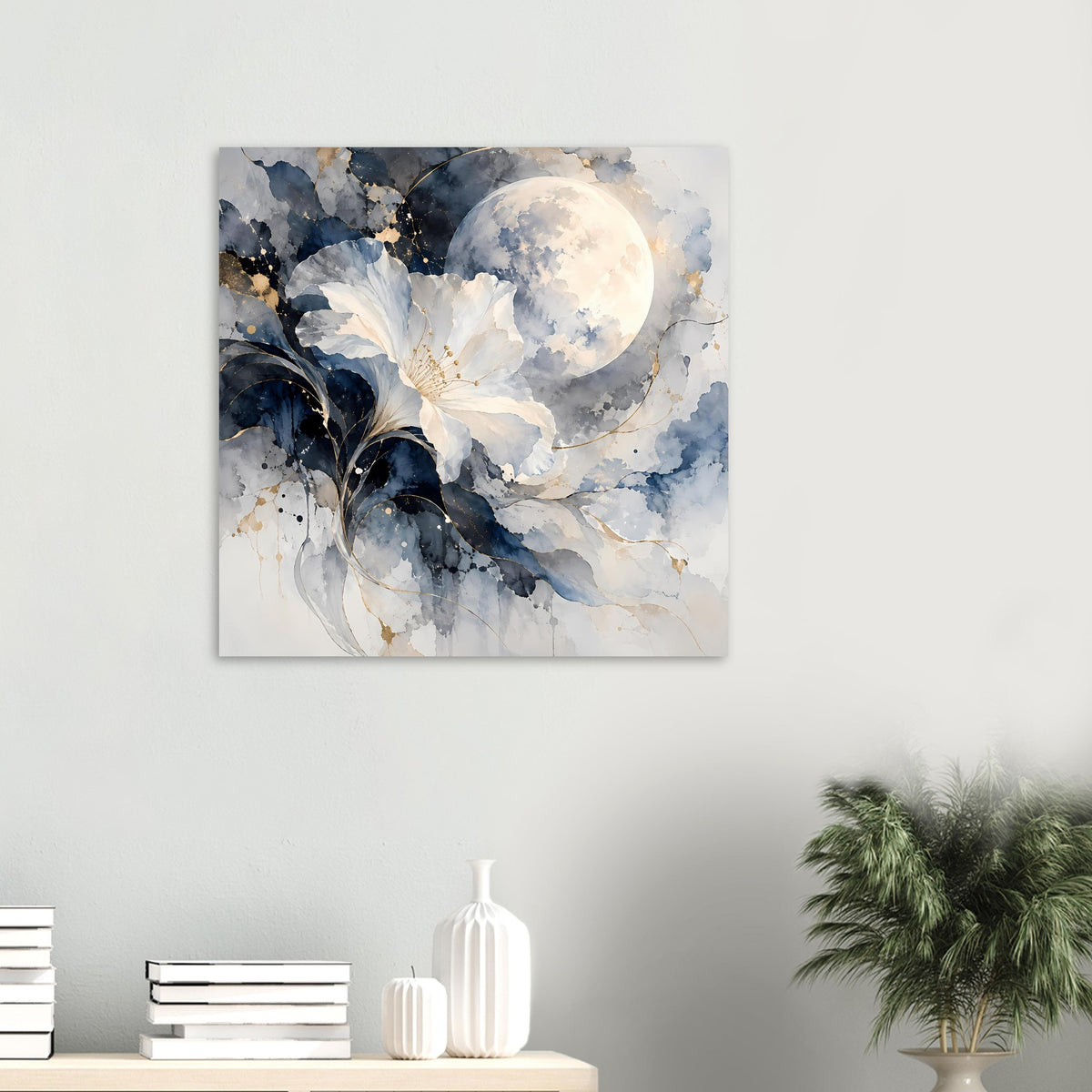 Gerahmtes Mond-und-Blüten-Poster in Blautönen mit weißem Rahmen, quadratisch