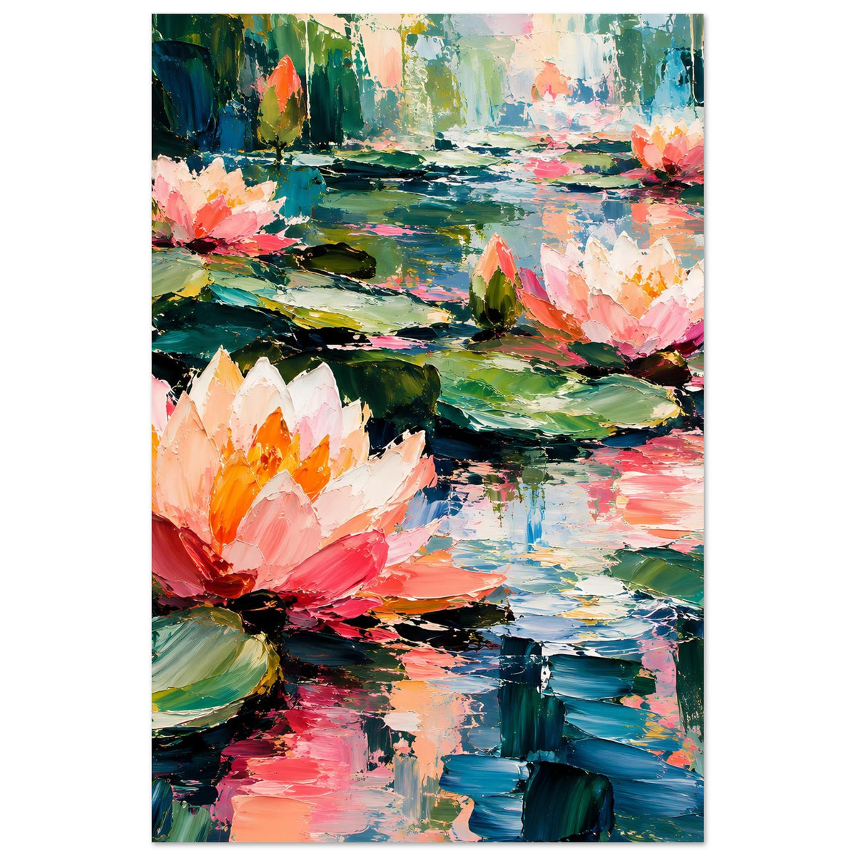Vertikales Poster mit Seerosen: rosa und orange Blüten, abstraktes Wasser in Blau und Grün