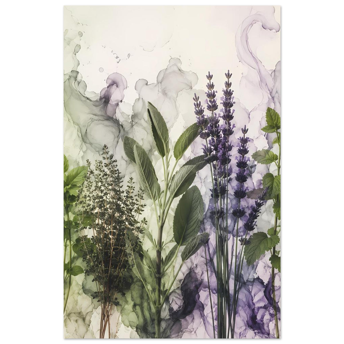 Botanisches Poster mit Lavendel-Ähren und Pflanzenillustrationen in Grün und Violett