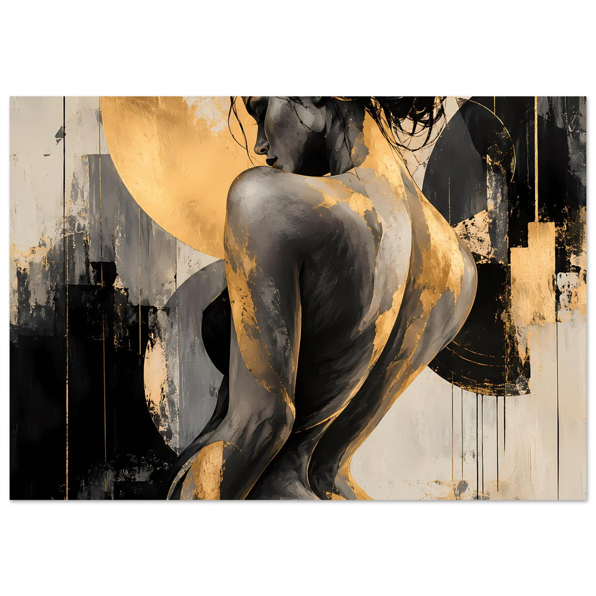 Horizontales Poster mit abstrakter Aktillustration in Schwarz, Gold und Grautönen