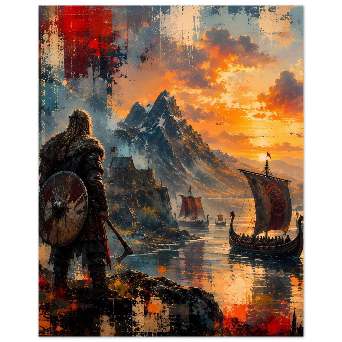 Nordisches Poster: Wikingerkrieger mit Rundschild links, Langschiff rechts, goldener Himmel