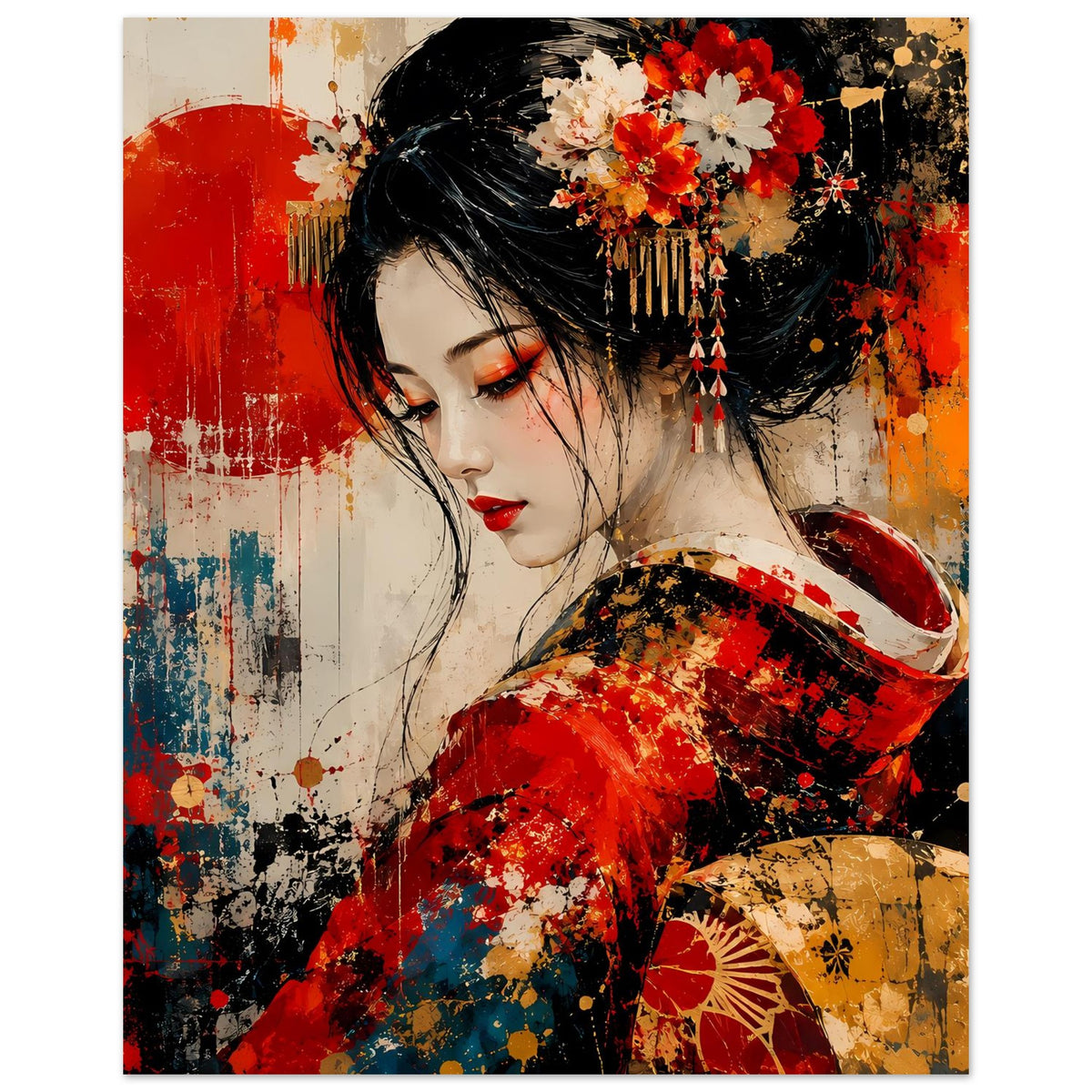 Poster im Hochformat: Geisha im roten Kimono, Blumen im Haarschmuck, goldene Akzente