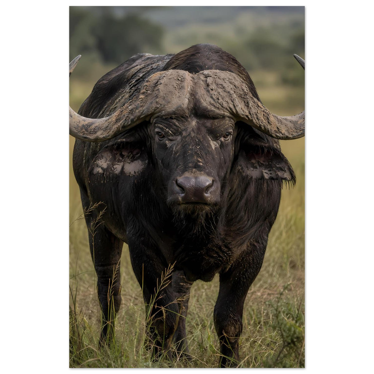Poster im Hochformat: afrikanischer Büffel mit großen Hörnern, naher Kopf.