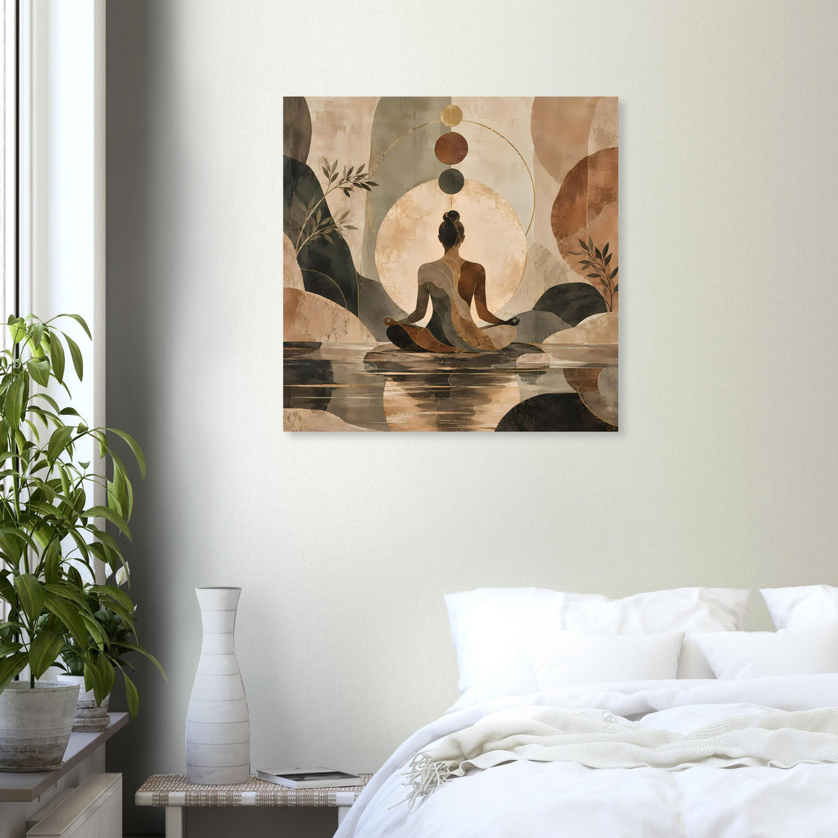 Quadratisches Wandposter mit Meditationsmotiv: Figur zwischen Kreisen und Blättern