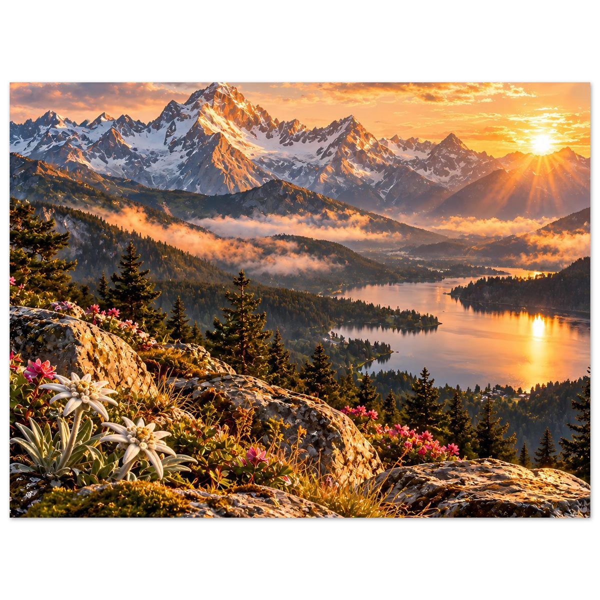 Landschaftsposter mit Sonnenlicht über Bergen und See; Fels und blühende Pflanzen vorn.