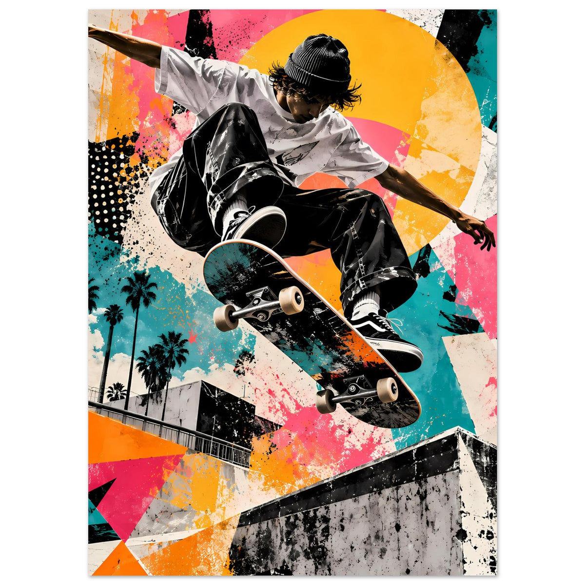 Skateboarder-Poster im Street-Art-Stil: Schwarzweißfigur mit auslaufendem Skateboard vor Neonflächen
