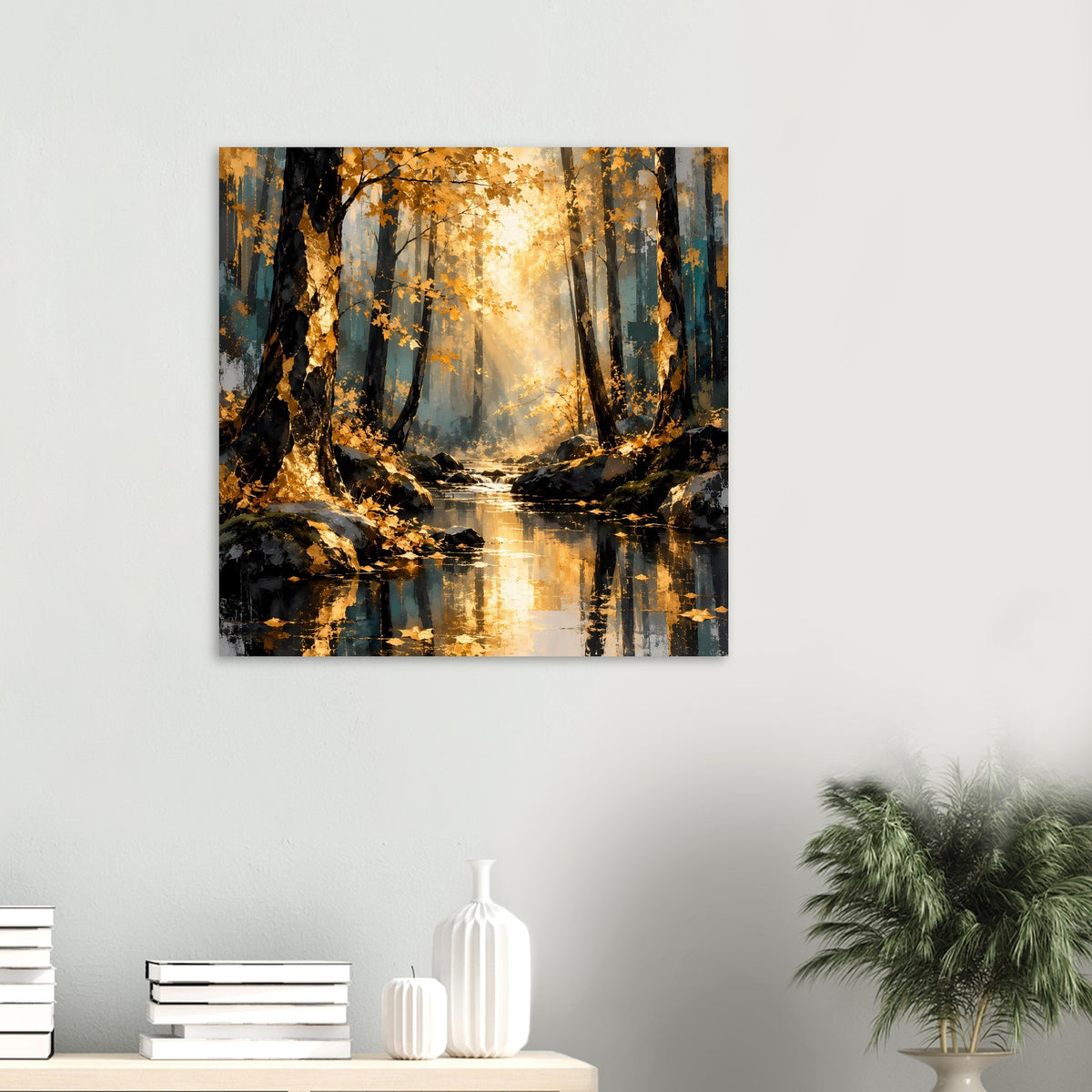 Quadratisches Poster mit Herbstwald, goldenem Licht und spiegelndem Bach im Vordergrund.