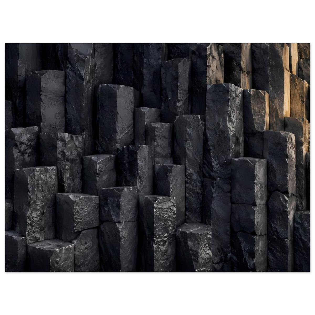 Naturposter mit dunkler Basaltsäulen-Felsstruktur, geometrische Steinblöcke, hellere Felskante oben rechts