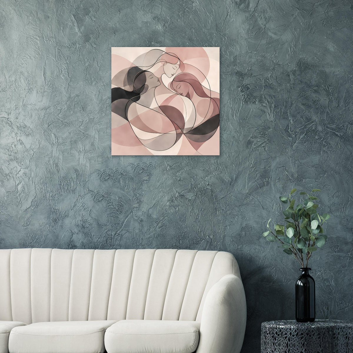 Abstraktes Poster mit drei stilisierten Frauen in Rosé und Creme