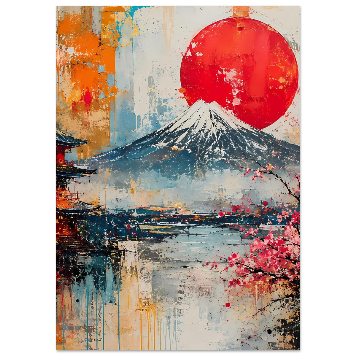 Poster mit Fuji, roter Sonne und Kirschblüten, zentrierte Berg-Ansicht
