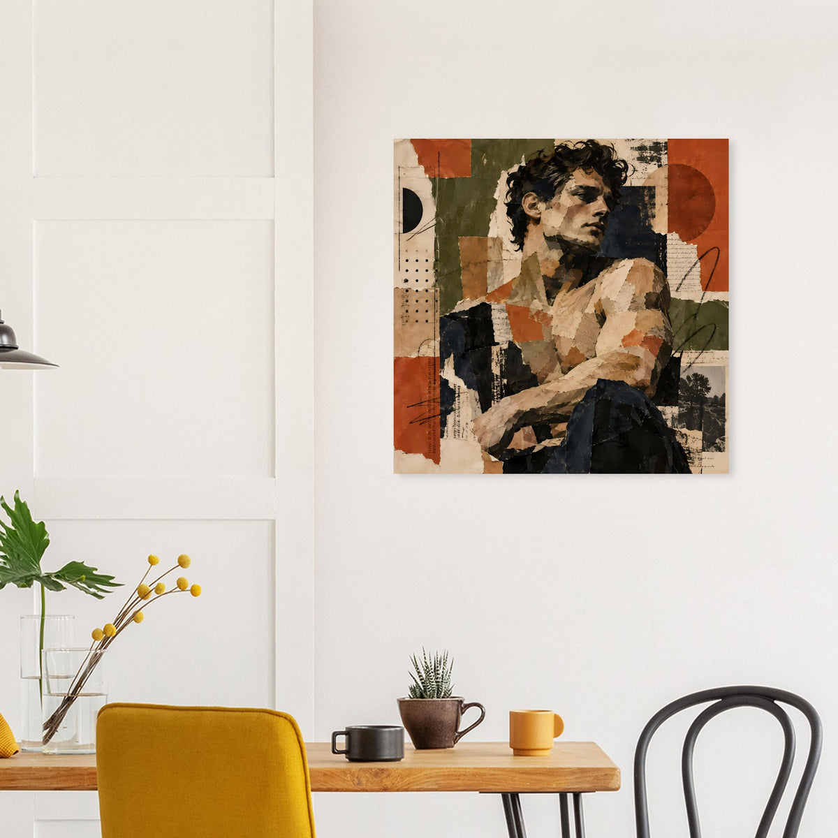 Vintage-Collagekunst-Poster mit Frauenporträt in Erdtönen, collageartige Farbfelder und Strukturen