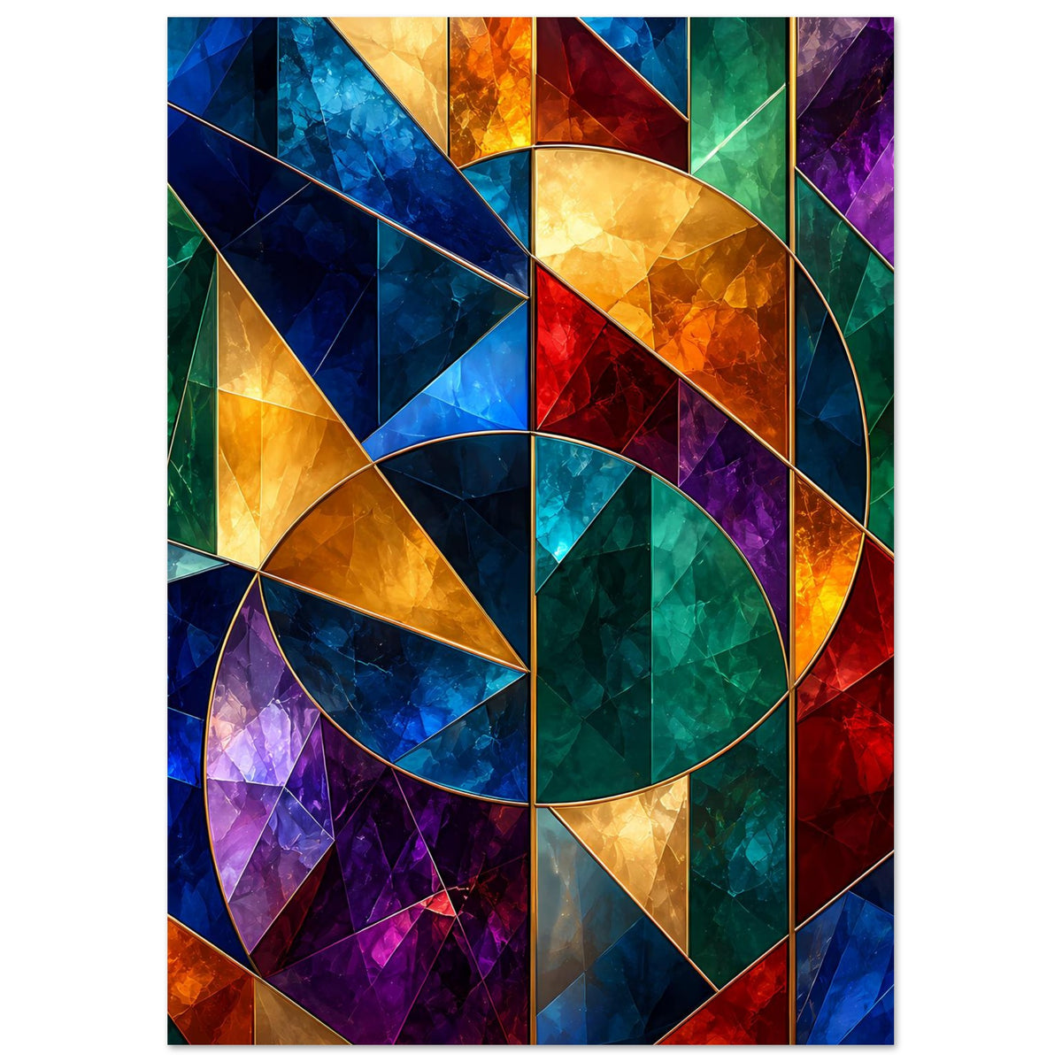 Buntes Glasfenster-Poster mit Dreiecken, Rauten und großen Kreisformen, Hochformat