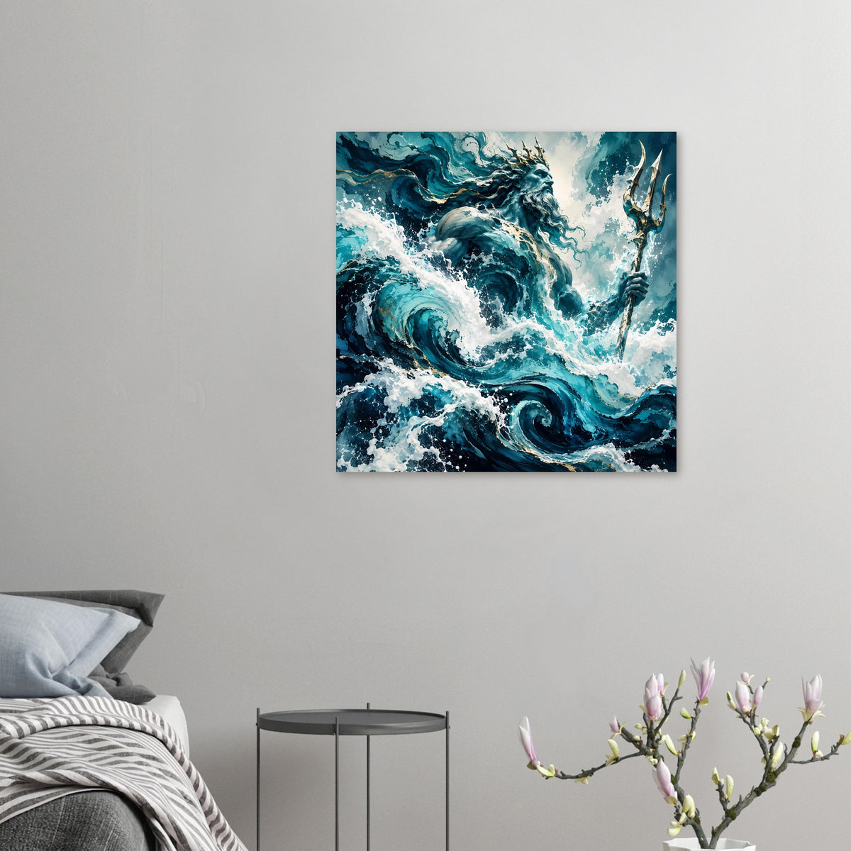 Kleines Poster mit Poseidon/Ozean-Gott, türkis-blaue Wellen und goldener Dreizackzeichnung