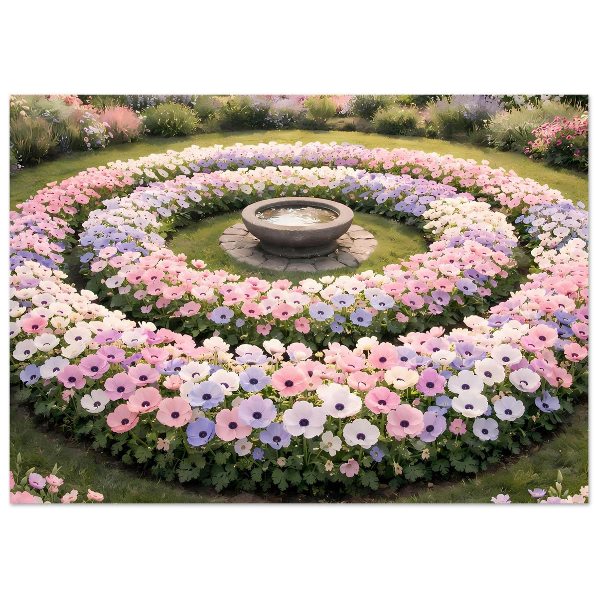 Blumenbeet-Poster: kreisförmige Pastellblumenringe mit zentraler grauer Stein-Schale