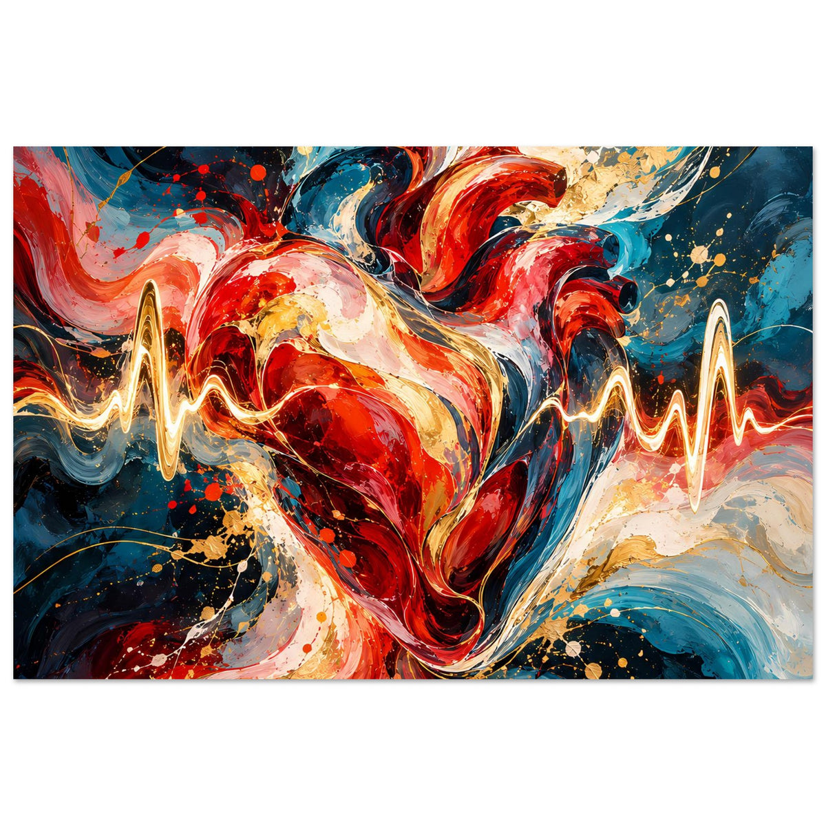 Abstraktes Herz-Poster mit Herzschlaglinie, rote und blaue Wirbel mit goldener Linie