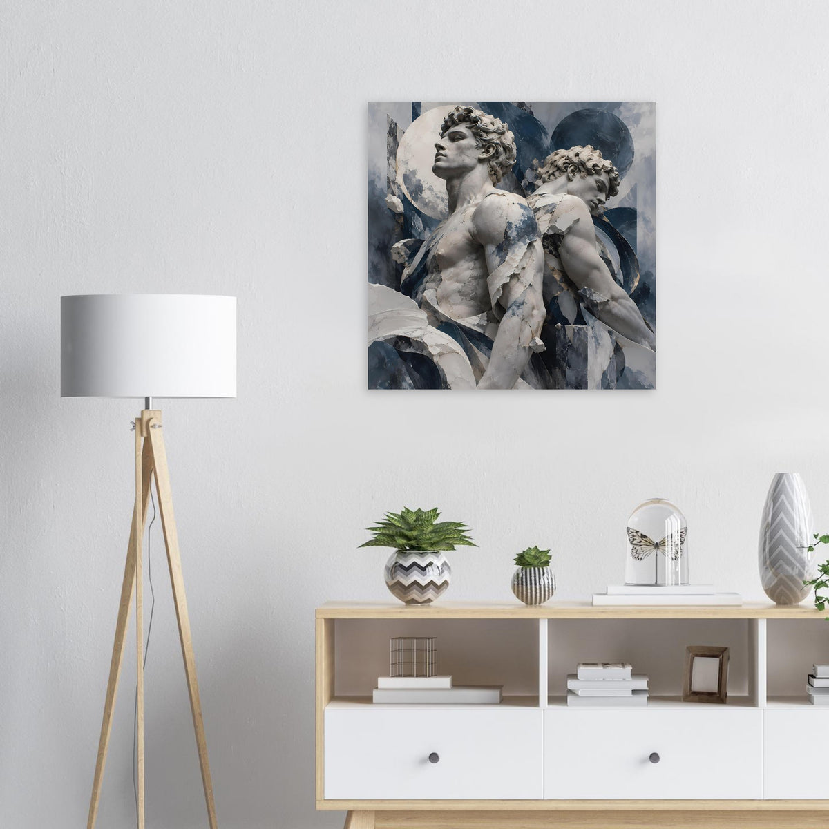 Quadratisches Poster mit zwei antiken Cherub-Engeln in Blau-Grau, matte Oberfläche