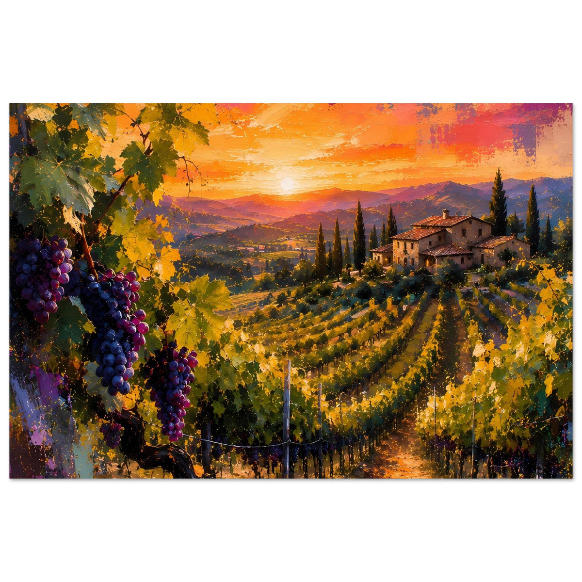 Poster Landschaft mit Weinbergen, Trauben links und Landhaus am Hang im Sonnenuntergang