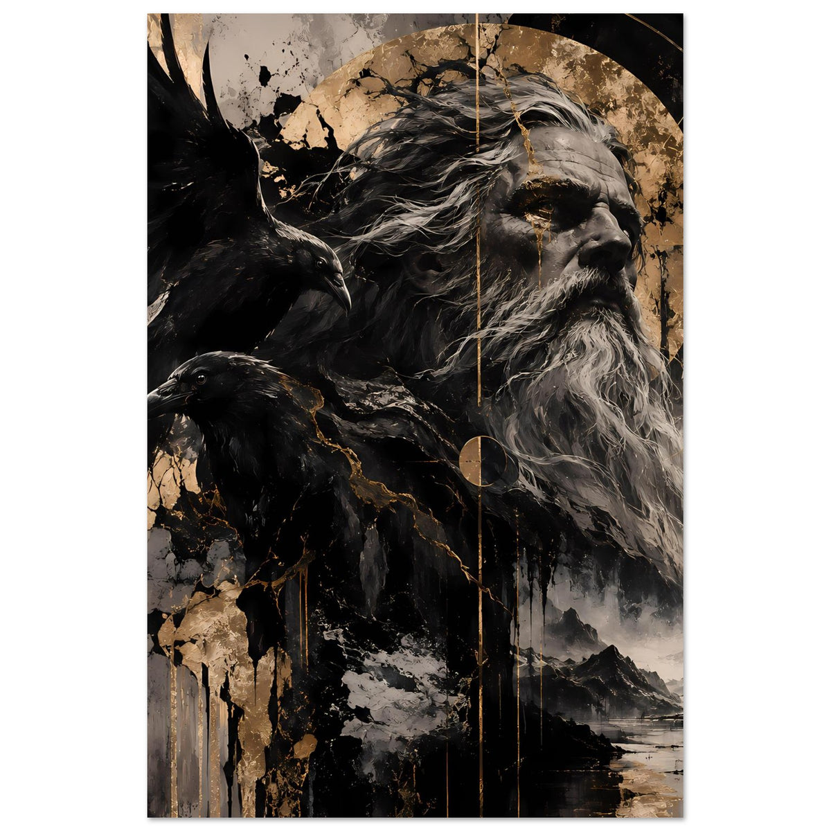 Poster im Hochformat mit Odin-Gesicht und Rabe, Schwarz, Grau und goldene Kreisformen