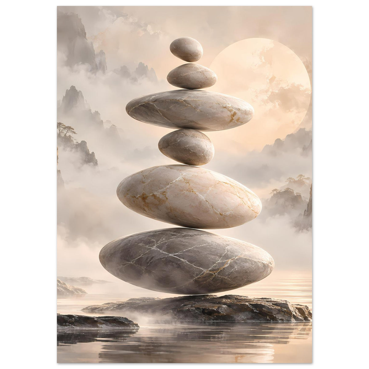 Zen-Steine in Balance vor nebligem Hintergrund in sanften Beige- und Grautönen – Posteransicht 6