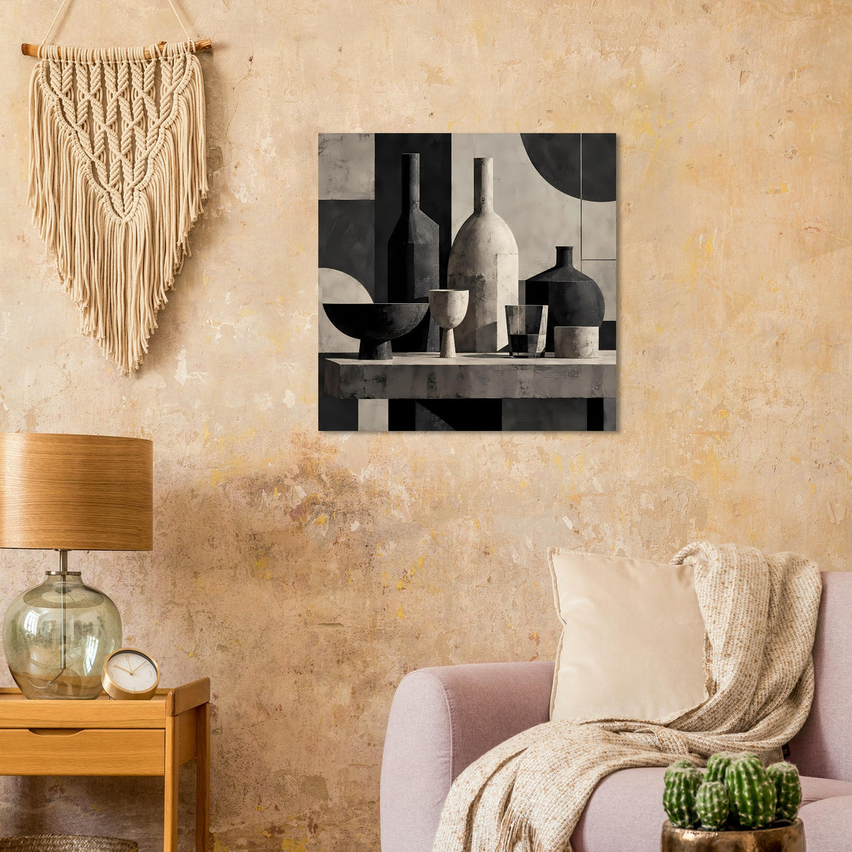 Monochromes Still-Life-Poster mit Flaschen, Schalen und rechteckigen Farbflächen