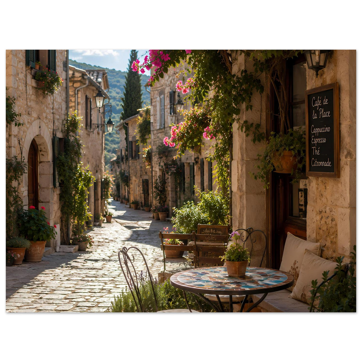 Poster einer sonnigen Café-Straßenszene in einer Altstadt