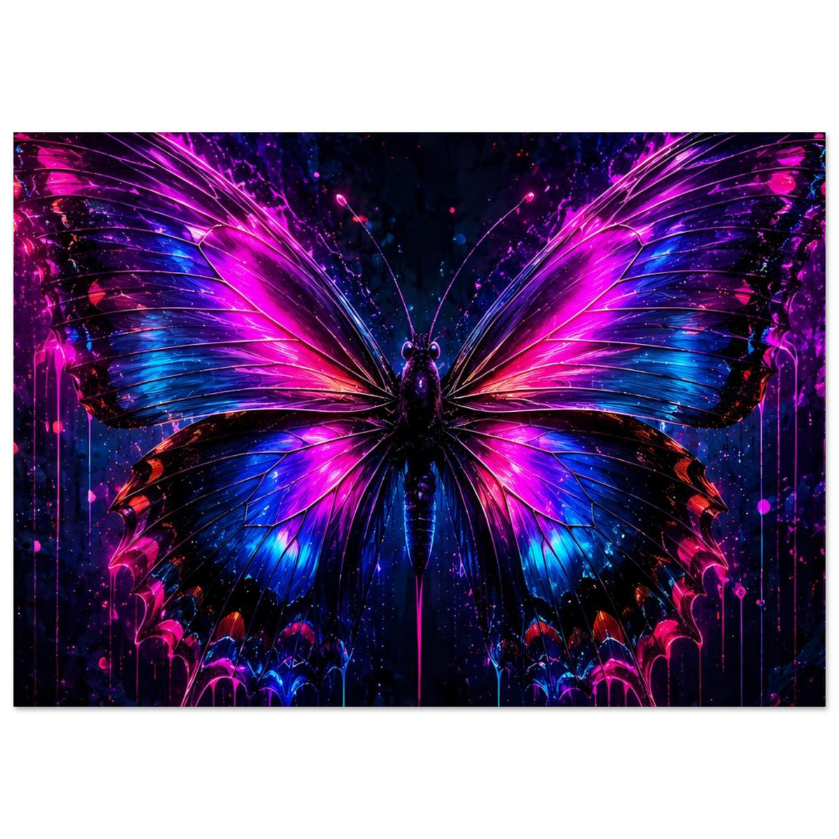 Schmetterling-Poster im Querformat: leuchtende Flügel in Pink und Blau, zentrales dunkles Motiv
