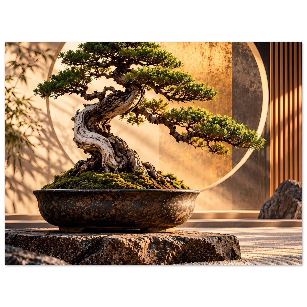 Bonsai-Garten-Poster: Bonsai-Zweigwerk über dunkler Schale, goldener Kreis im Design