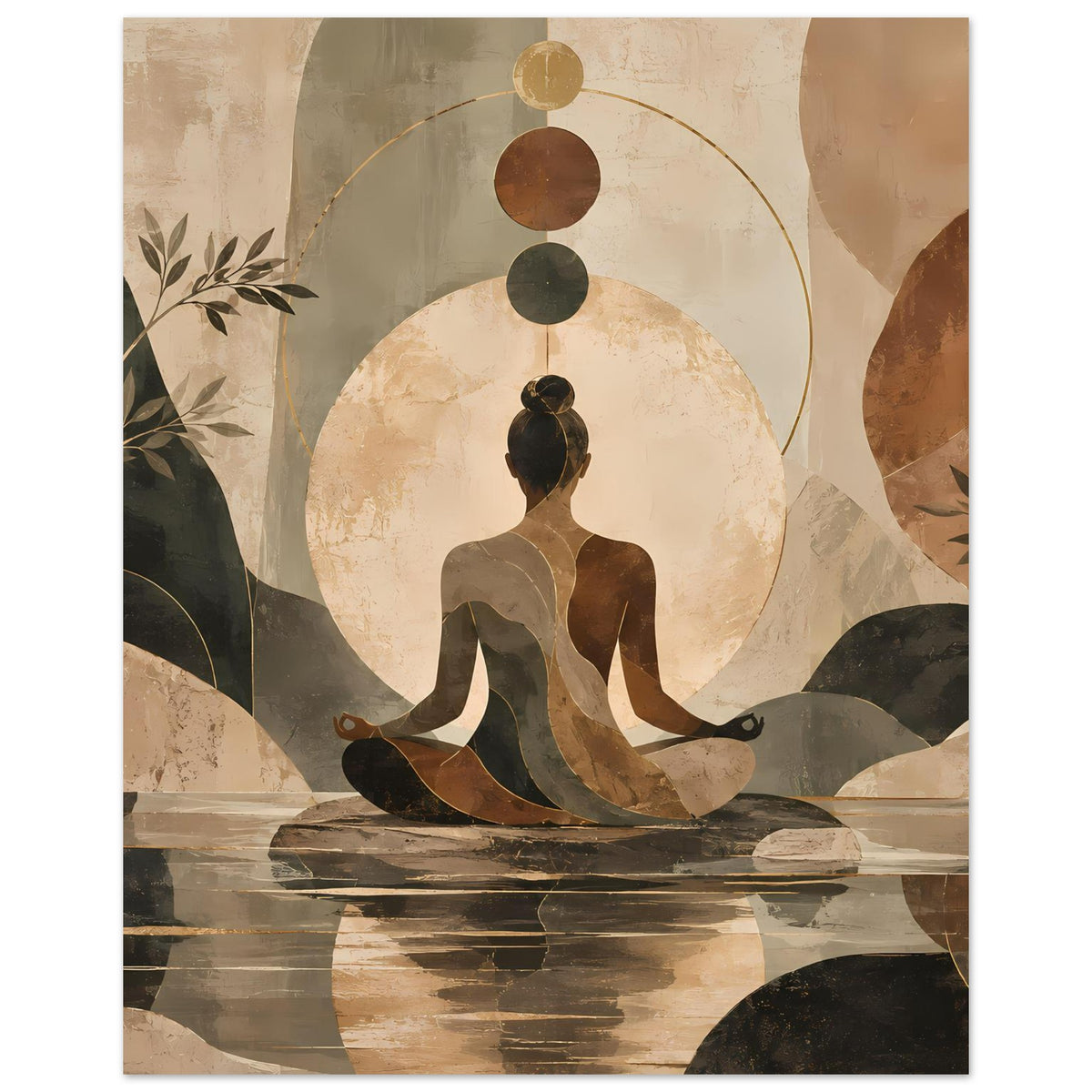 Meditatives abstraktes Poster mit Yogapose: dunkle Figur auf Lotus, Kreise in Erdtönen