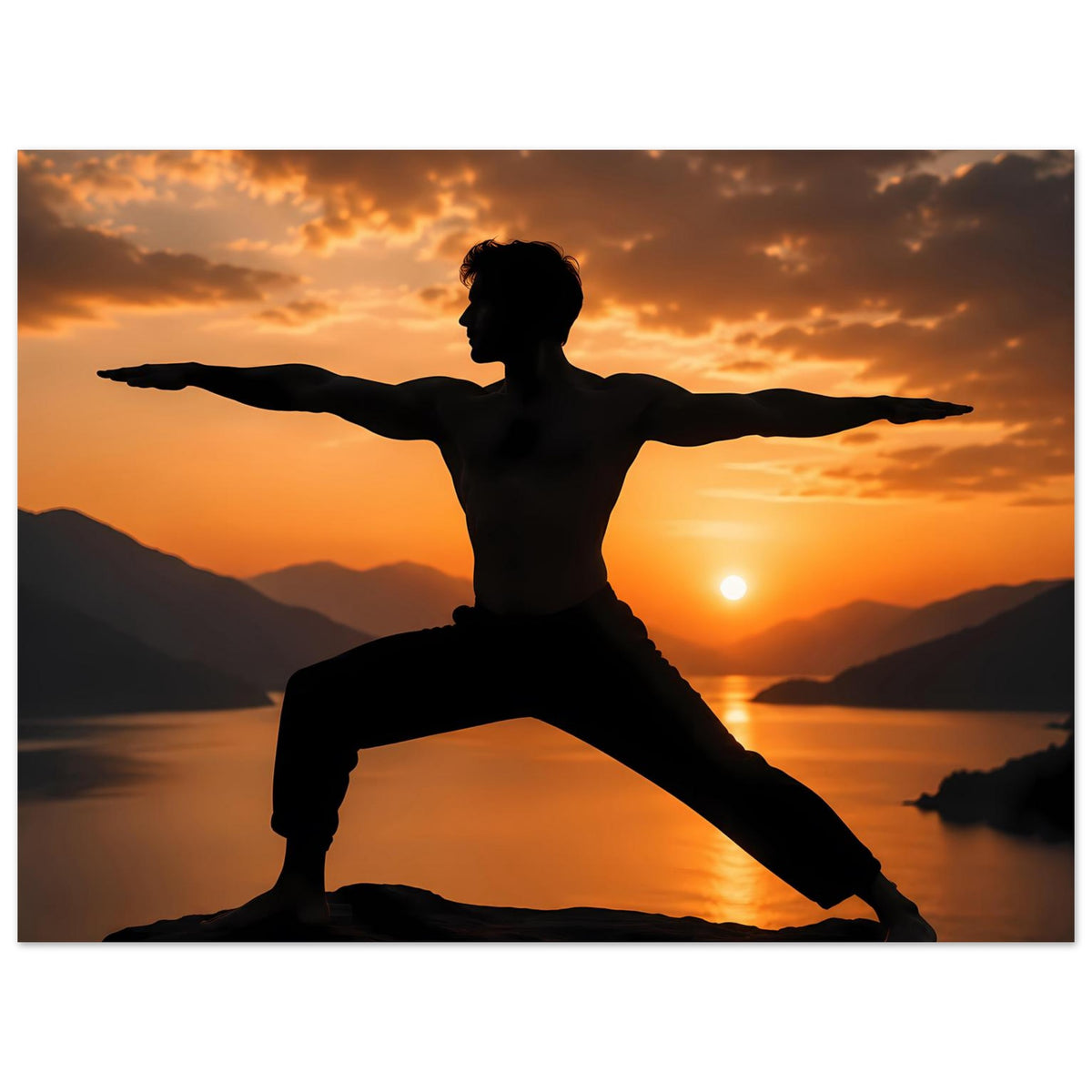 Yoga-Kriegerpose-Poster: Yogahaltung in Schwarz vor goldenem Himmel und ruhigem See