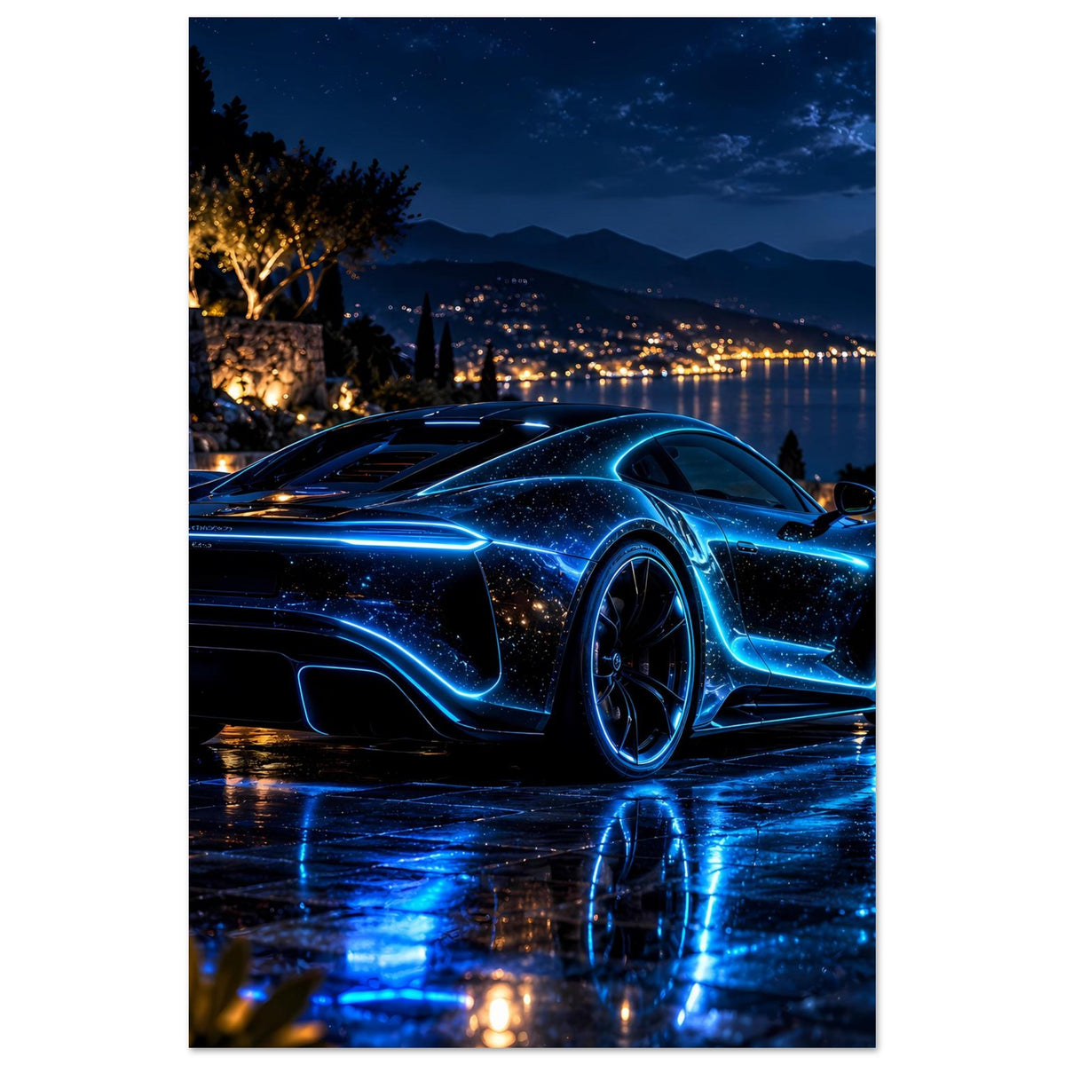 Neon-blaues Poster: Sportwagen bei Nacht, Front und blaue Spiegelung im Wasser